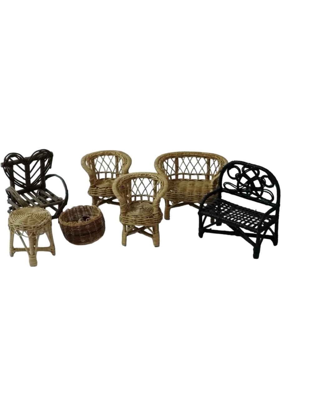 Vintage Wicker Rattan Doll Furniture Lot 8pc Chairs Loveseats Barbie
